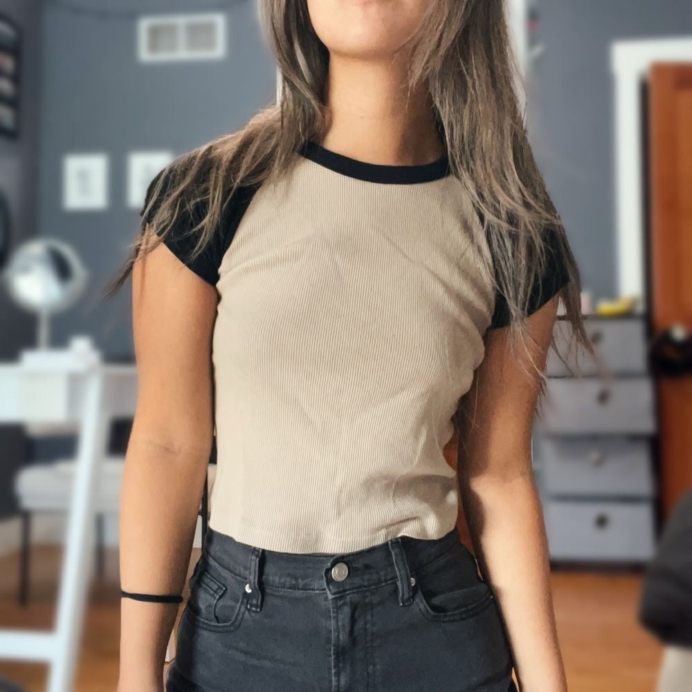 Brandy Melville tan and black baby tee